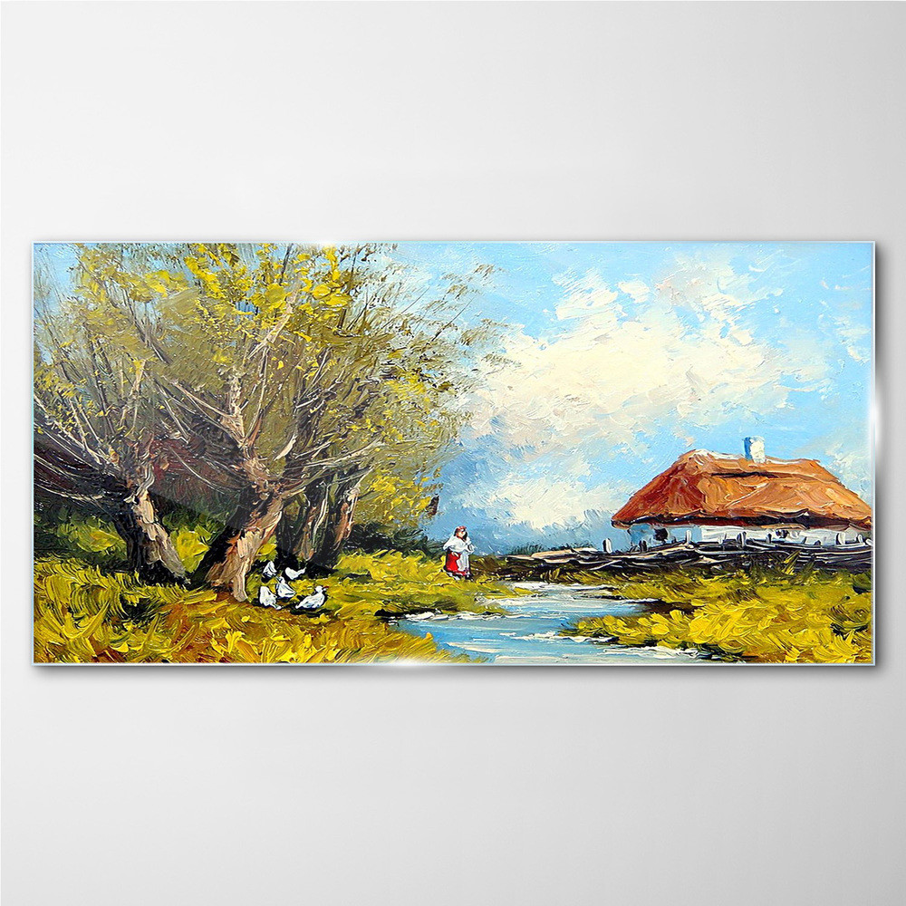 PL Coloray Obraz na Szkle wieś drzewa chmury 120x60cm