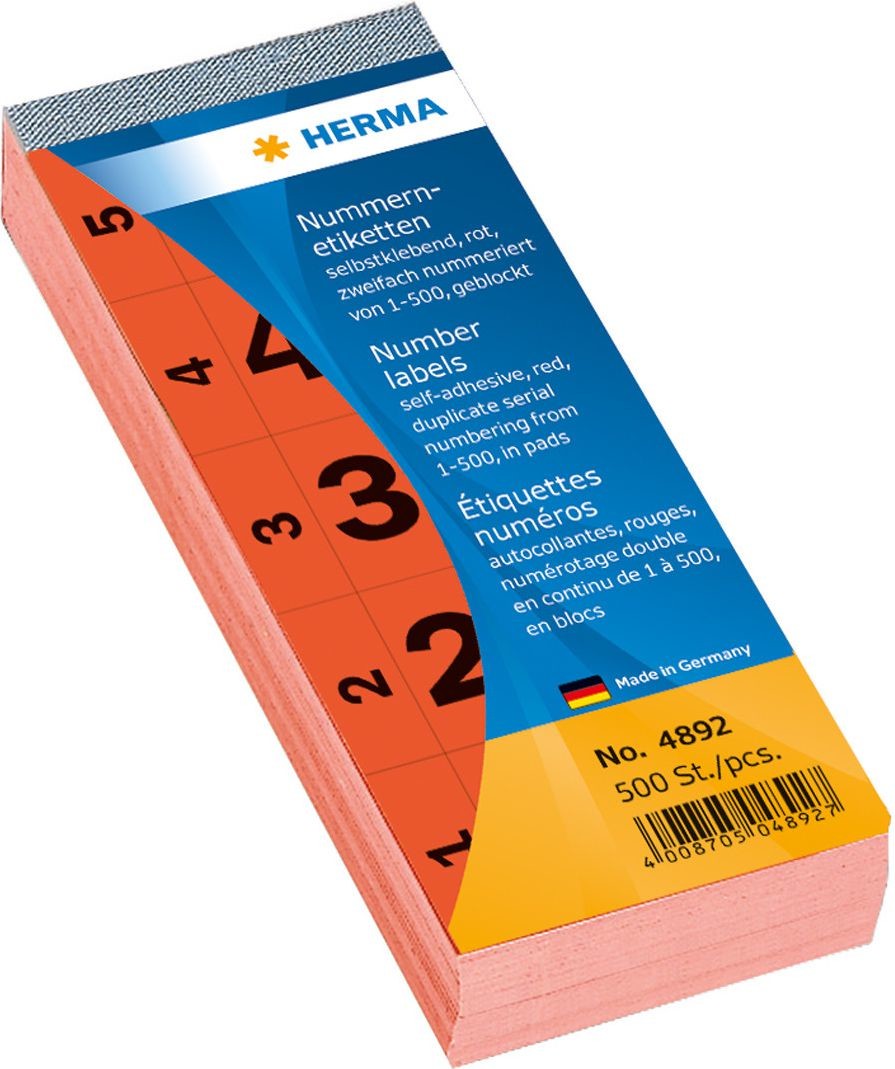 Herma Nummernblock selbstklebend 1-500 rot 28x56 mm - 4892