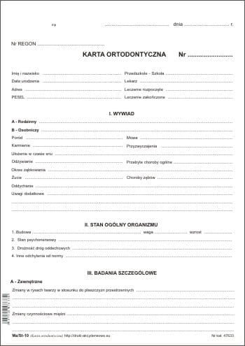 Firma krajewski Karta ortodontyczna - ryza 100 szt [Mz/St-10] Mz/St-10