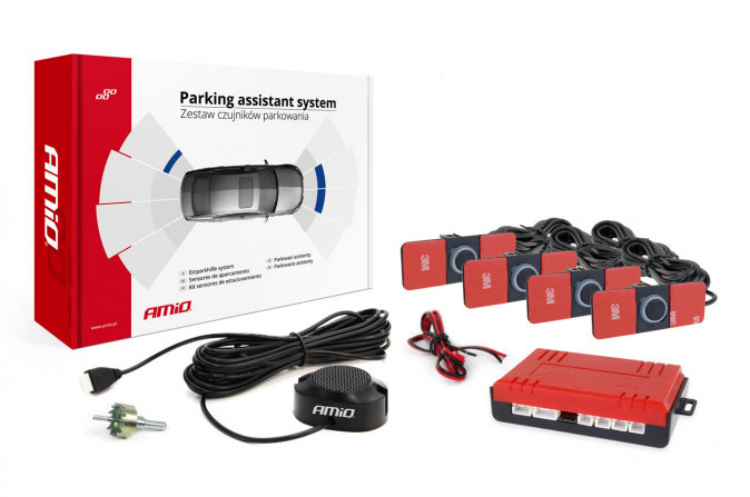 Zestaw czujników parkowania cofania buzzer 4 sensory czarne wewnętrzne 16,5mm AMI-02253