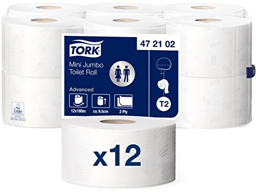 TORK 472102 Mini Jumbo uchwyt na papier toaletowy w Advanced wysokiej jakości zapewnia, że T2 Mini Jumbo uchwyt na papier toaletowy system/uchwyt na papier toaletowy 2-warstwowe w kolorze białym, 472102