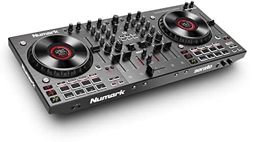 Numark NS4FX 4-kanałowy DJ kontroler, dotykowe koła jog z wyświetlaczem, pady i efekty, wyjście booth i główne, w komplecie Serato DJ Lite NS4 FX