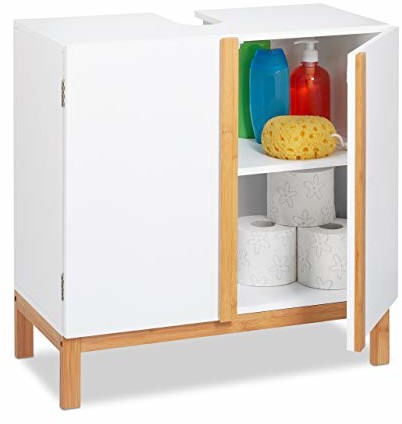 Relaxdays szafka pod umywalkę, 2 półki, szafka łazienkowa z płyty MDF i bambusa, szafka pod umywalkę wys. x szer. x gł.: 61 x 60 x 30 cm, biały/naturalny