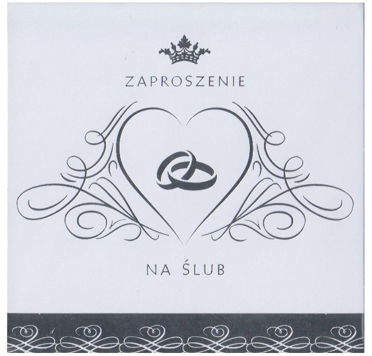 POL-MAK ZAPROSZENIE NA ŚLUB BIAŁE SREBRNE ZDOBIENIA KWADRATOWE + KOPERTA