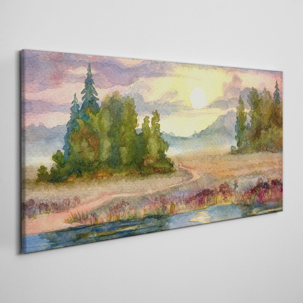 PL Coloray Obraz na Płótnie akwarela drzewa zachód słońca 140x70cm
