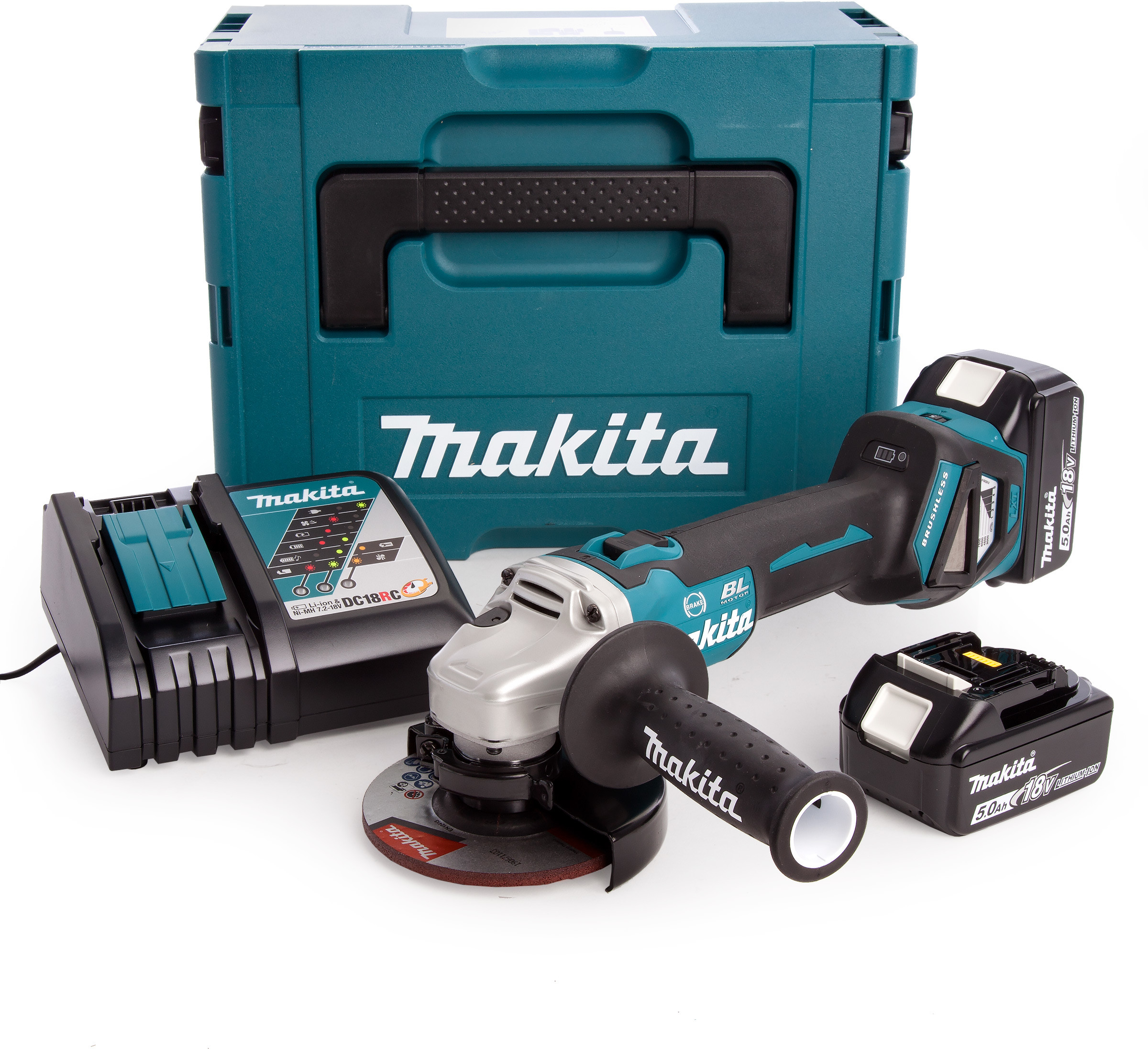 Makita akumulatorowa szlifierka kątowa 125mm z regulacją obrotów 3000-8500obr/min 18V Li-ion 3x5,0Ah [DGA513RT3J] DGA513RT3J