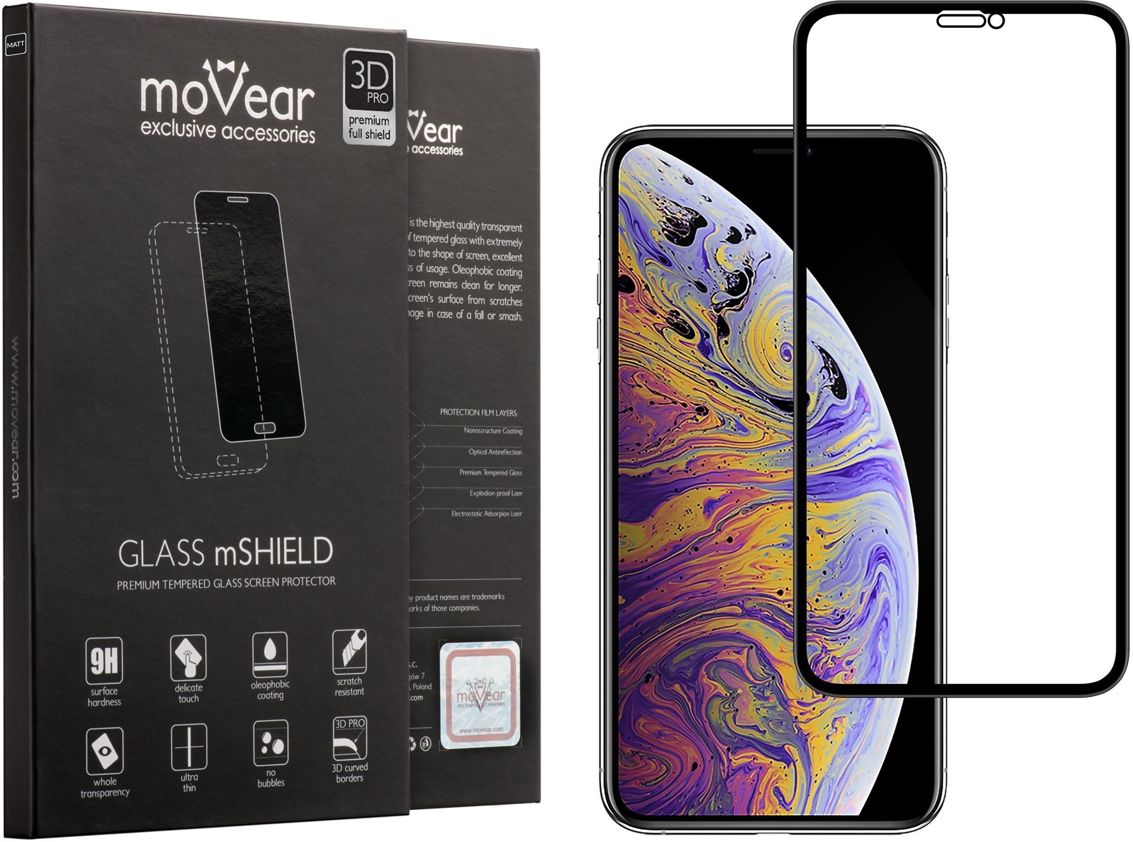movear Matowe Szkło Hartowane 3D PRO MATT na Apple iPhone Xs MAX na Cały Ekran, Antyrefleksyjne, 9H GLASS mSHIELD Czarny AI11MG4MGM13FBK1