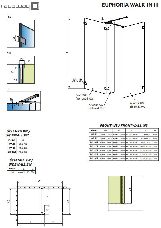 Radaway Euphoria Walk In W3 Kabina prysznicowa Walk-In W3 140x200 cm profile chrom szkło przejrzyste z powłoką EasyClean 383136-01-01