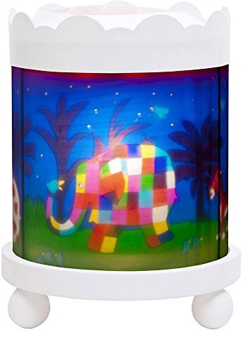 Prezent Trousselier - Elmer słonia - lampka nocna - magiczna karuzela - idealny urodzinowy - kolor drewna biały - animowane obrazy - uspokajające światło - 12 V 10 W żarówka w zestawie - wtyczka EU