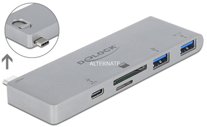 Delock 64078 huby i koncentratory USB 3.2 Gen 1 (3.1 Gen 1) Type-C 5000 Mbit/s Szary, Czytnik kart 4043619640782