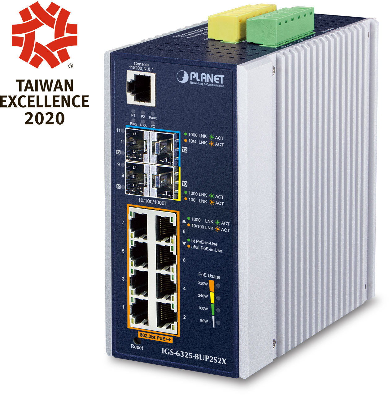 Planet IP30 DIN-rail Industrial L3 8-Port 10/100/1000T 802.3bt PoE + 2-port IGS-6325-8UP2S2X