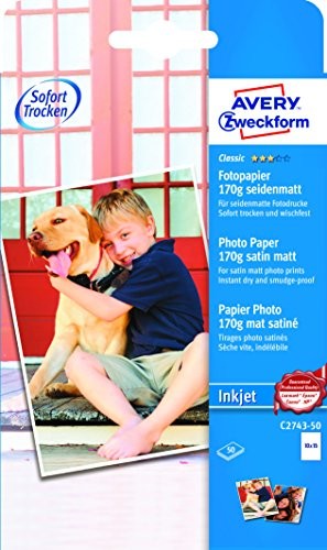 Avery Zweckform c2743  50 Classic Inkjet Photo Paper (A6, pokryte z jednej strony, jedwabiście matowy, 170 G/M) 50 arkuszy 4004182410271