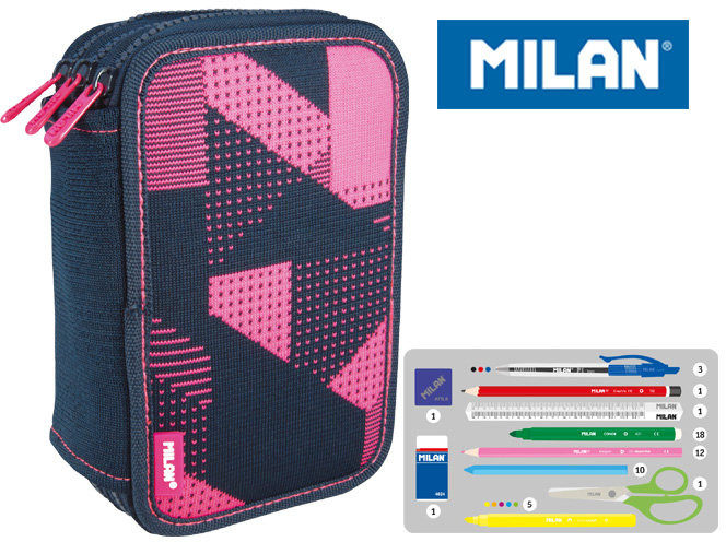 MILAN piórnik 3-poziomowy z wyposażeniem, Knit, różowy