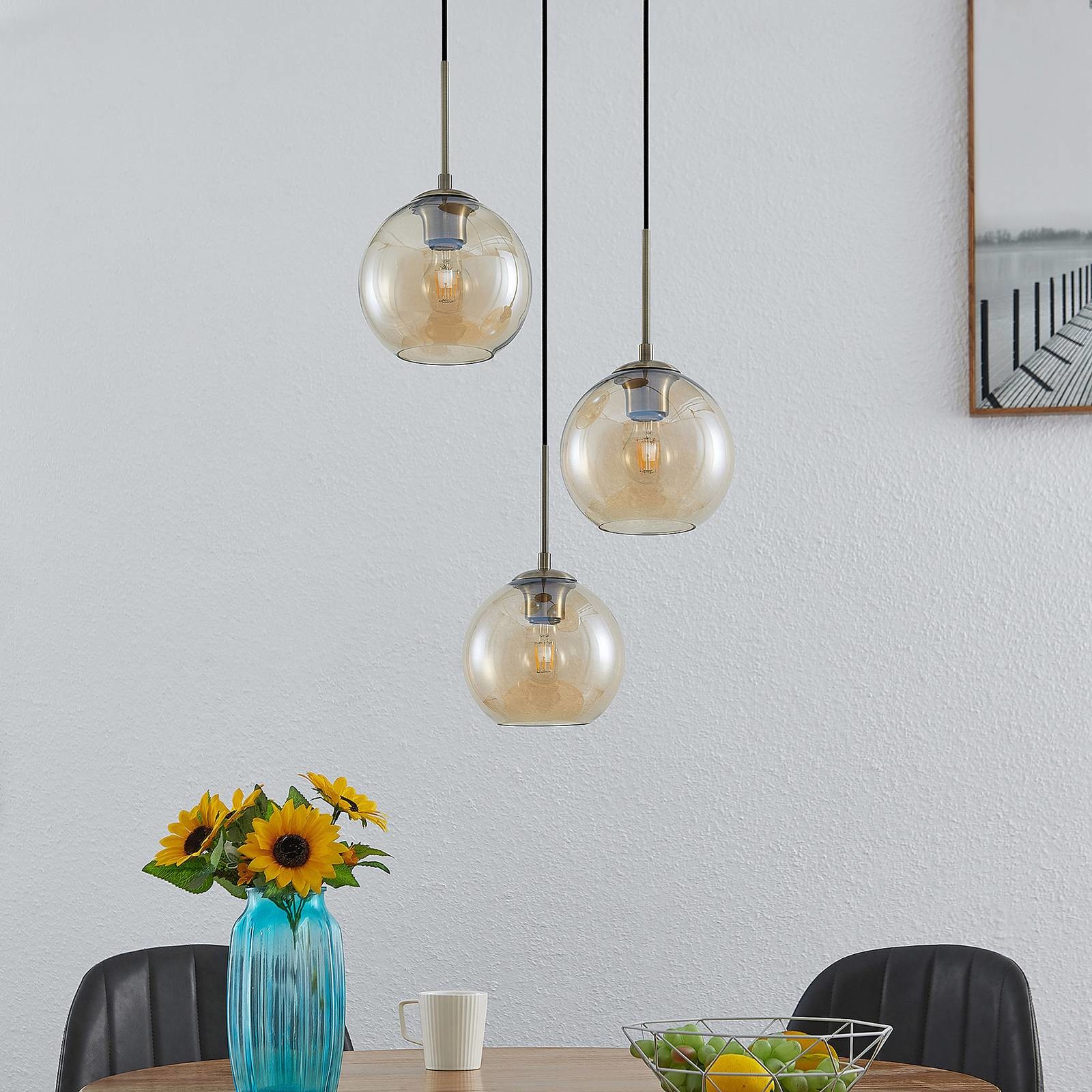 Lindby Jurian lampa wisząca bursztyn mosiądz 3-pkt