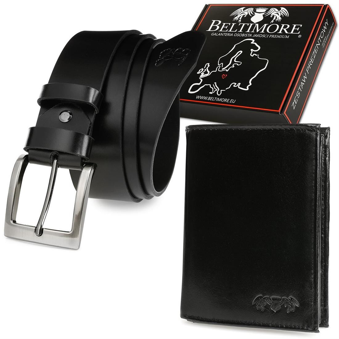 Beltimore Zestaw męski skórzany premium Beltimore portfel pasek U30 : Kolory - czarny, Rozmiar pasków - r.95-110 cm