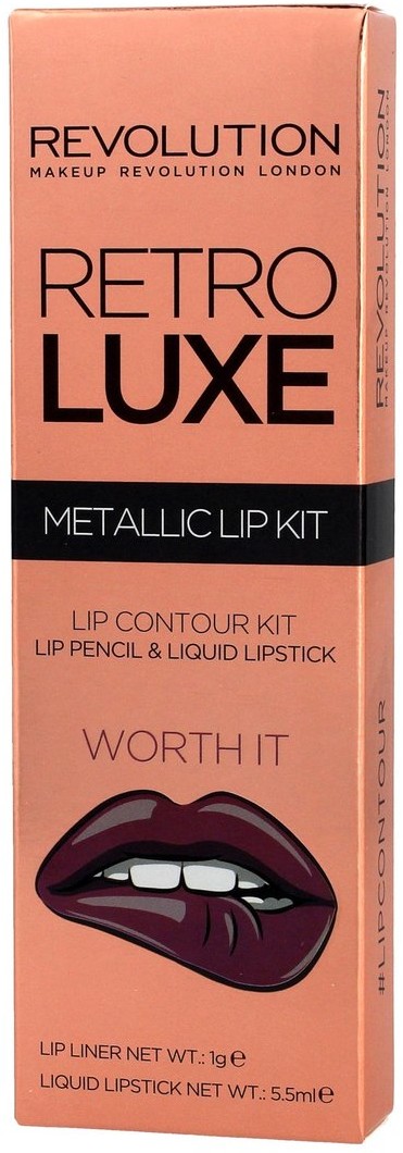 Makeup Revolution Retro Luxe Metallic Lip Kit, konturówka + błyszczyk Worth It, 1 g + 5,5 ml