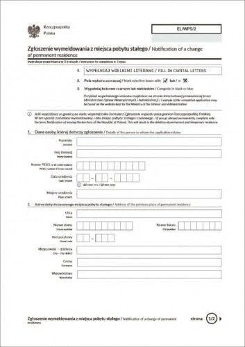Firma krajewski Zgłoszenie wymeldowania z miejsca pobytu stałego [EL/WPS/2] RYZA-500 EL/WPS/2