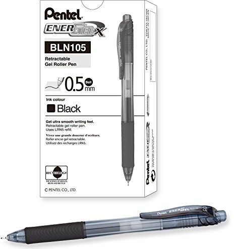 Pentel BLN105-C Gel Ink Roller EnerGel z mechanizm druku 0,25 MM grubość linii i 0.5 MM średnica kuli, 12 sztuki, czarny PENBLN105A