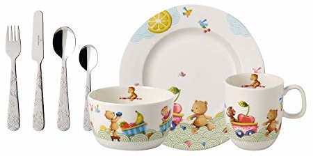 Villeroy & Boch Hungry as a Bear sztućce dla dzieci, 7 elementów, porcelana premium/stal nierdzewna, nadają się do mycia w zmywarce, białe/kolorowe