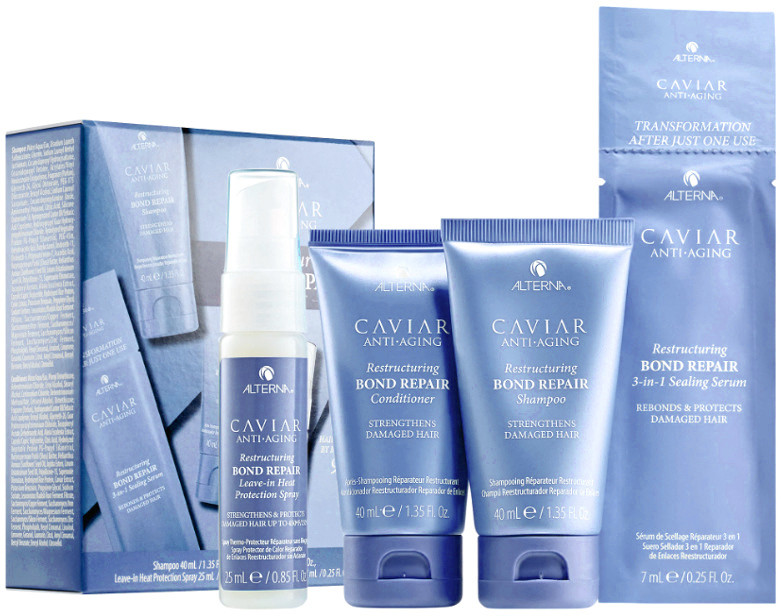 Alterna Caviar Restructuring Bond Repair | Minizestaw do włosów zniszczonych szampon 40ml + odżywka 40ml + spray termoochronny 25ml + serum odbudowujące 7ml