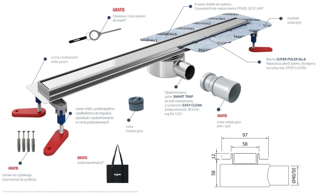 Wiper New Premium Slim Mistral Zestaw Odpływ liniowy 110 cm poler 100.3385.01.110