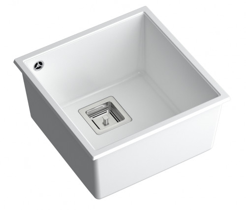 QUADRON Zlewozmywak granitowy jednokomorowy podwieszany 42 42 22,5 cm DAVID 40 biały metalik ze złotym odpływem HQD4242U1-G1