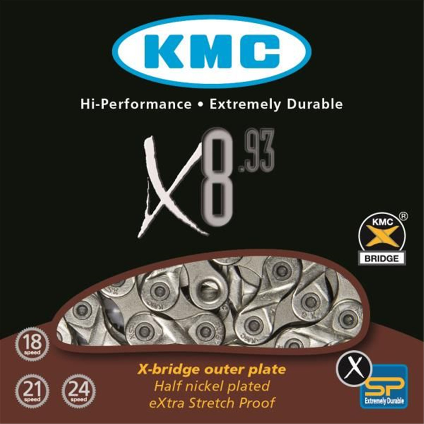 KMC Łańcuch X8.93 srebrny / Ilość biegów: 8 / Ilość ogniw: 116 / Wersja opakowania: standard BXX89306