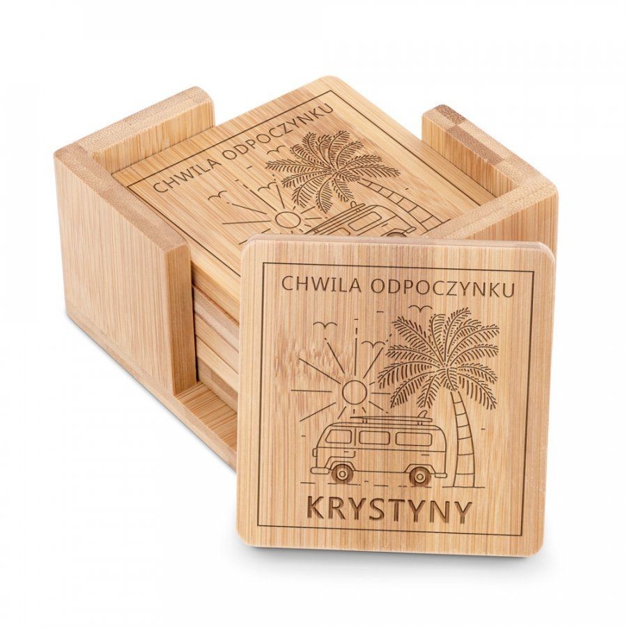 Murrano Podkładki bambusowe pod piwo kawę zestaw x6 grawer chwila odpoczynku PDK-BMB-026