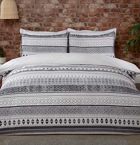 Sleepdown Sleepdown Aztec Geo Stripe czarny biały szary boho odwracalny miękki łatwy w pielęgnacji poszwa na kołdrę zestaw pościeli z poszewkami na poduszki  - King (220 cm x 230 cm), bawełna poliestrowa 5056242780915