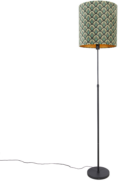 QAZQA Lampa podłogowa regulowana czarna klosz welurowy zielony pawie oczka 40cm - Parte