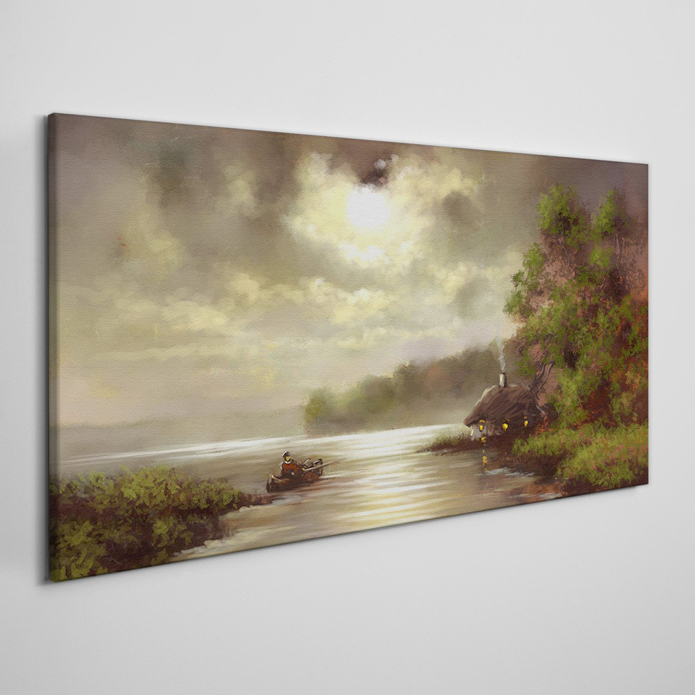 PL Coloray Obraz na Płótnie jezioro drzewa chata rybak 100x50cm