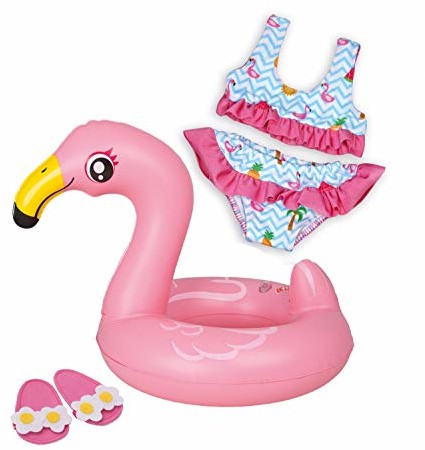 Heless 99 zestaw do pływania dla lalek, 3-częściowy, Flamingo Ella, bikini, klapki i kółka, rozmiar 35 45 cm, do zabawy w gorące letnie dni 99