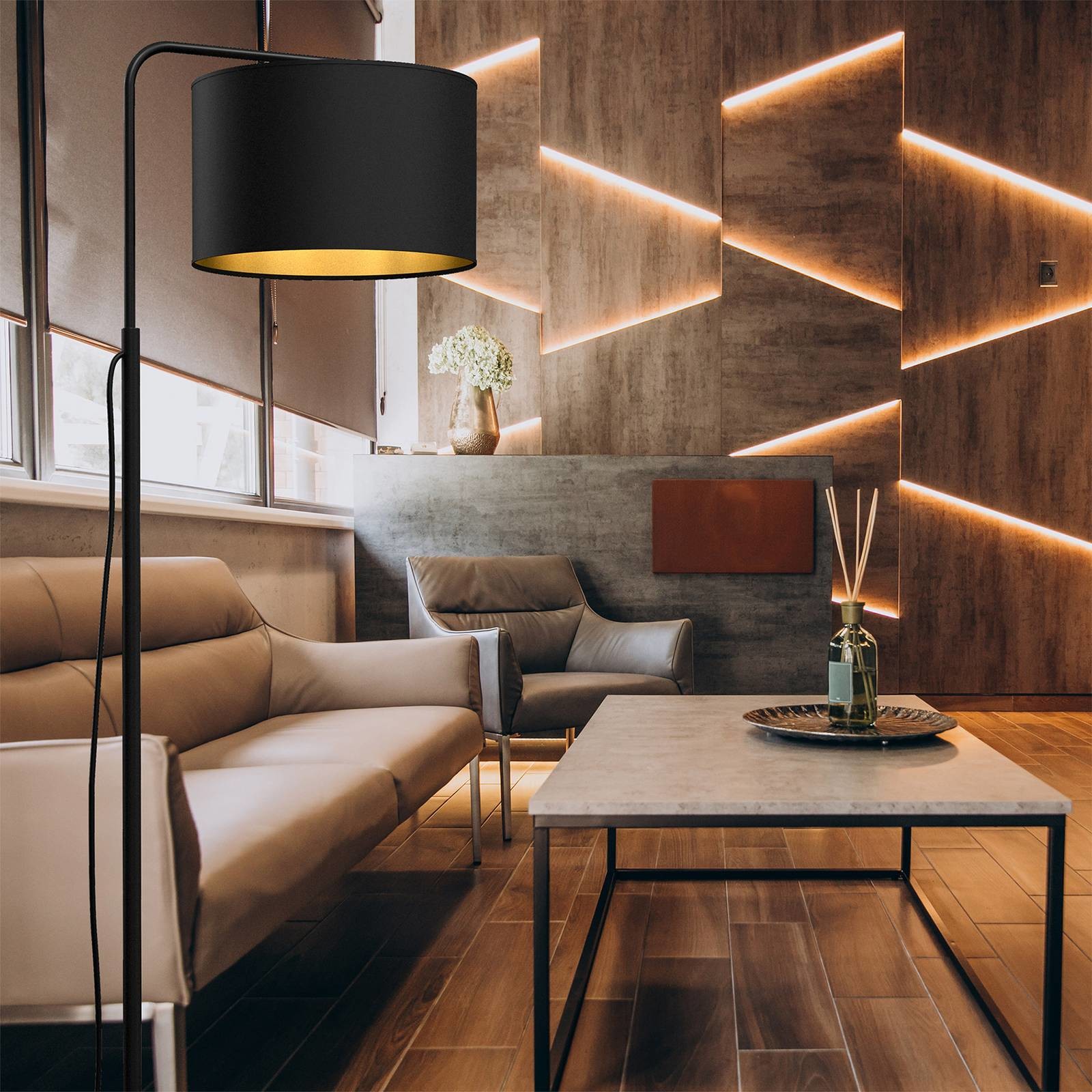 Euluna Lampa stojąca Soho, cylinder, wygięta czarna/złota