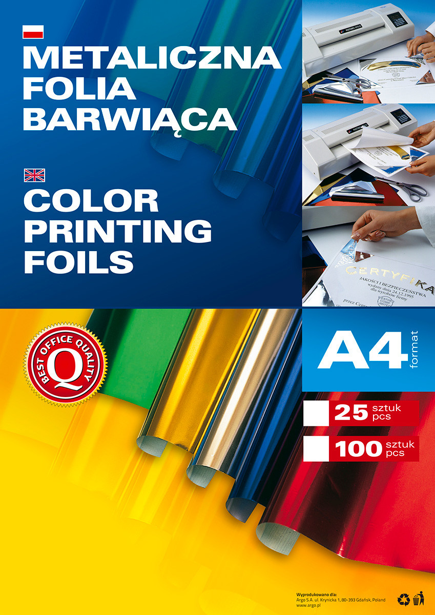 Argo Metaliczna folia barwiąca A4, opakowanie 100 sztuk, złota, 361001