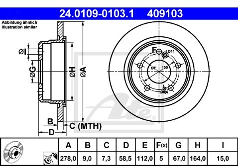 ATE TARCZA HAM 24.0109-0103.1 MERCEDES W201 E2.5-16 89-93, SL280 93-01, SL300 89-93, SL500 92-01  24.0109-0103.1