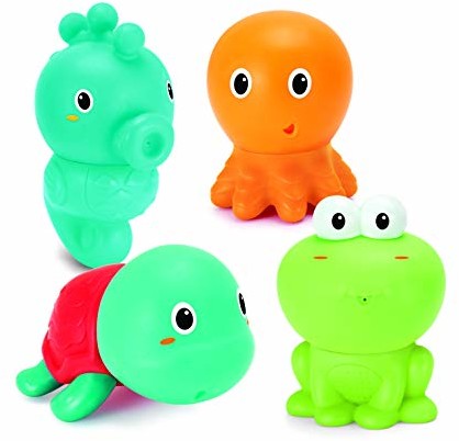 Infantino INFANTINO Senso' Plug and Squirt zabawki do kąpieli dla dzieci, 4 x urocze łatwe do czyszczenia, kolorowe zwierzęta morskie, od 6 miesięcy i powyżej