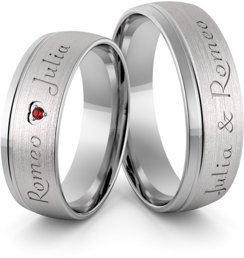 Eminence Obrączki ślubne z białego złota niklowego z imionami i sercem z rubinem - Au-990 Au-990-2