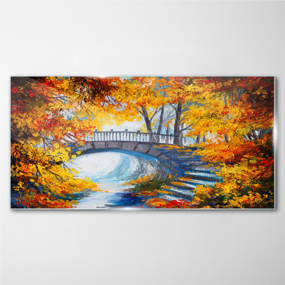 PL Coloray Obraz na Szkle drzewa liście most rzeka 120x60cm