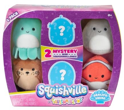 Squishville by Squishmallows Squishville by Squishmallows SQM0067 Mystery Sealife Squad, sześć 2 zwierząt morskich, nieodparcie miękki kolorowy plusz, mini rekin, wydra i konik morski SQM0067