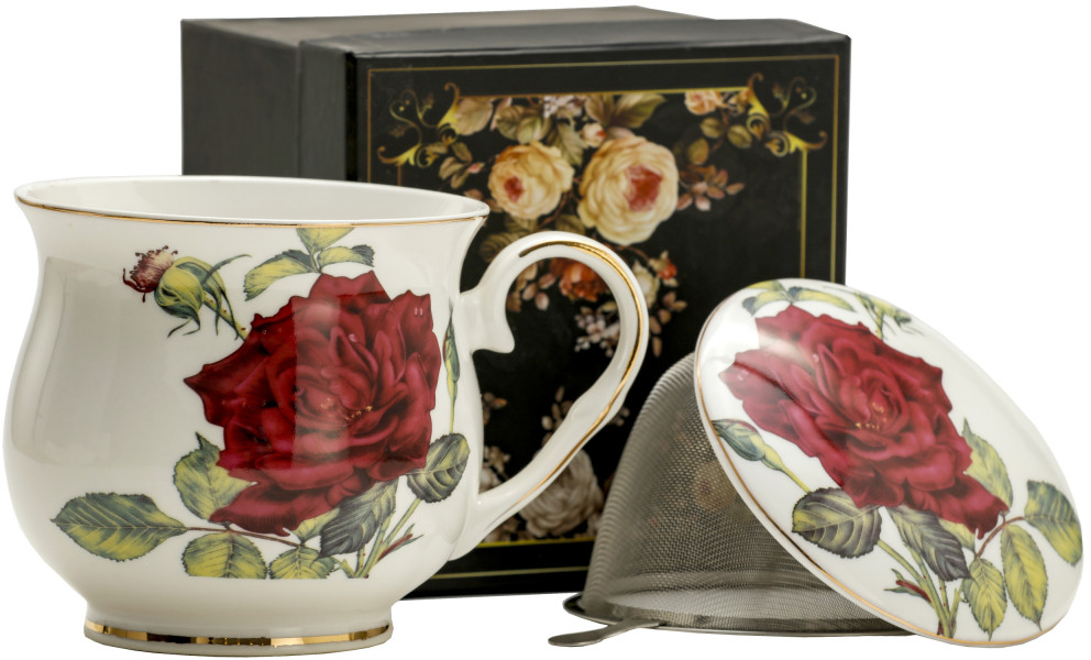 Marco Polo SJ Kubek Porcelanowy Z Zaparzaczem I Pokrywką Czerwona Róża Baryłka Biały 480 Ml