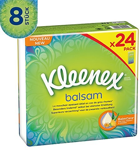 Kleenex Balsam chusteczki higieniczne, 4-warstwowe, idealne w przypadku przeziębień i alergii, 8 x 24 opakowania po 9 chusteczek, opakowanie zapasowe