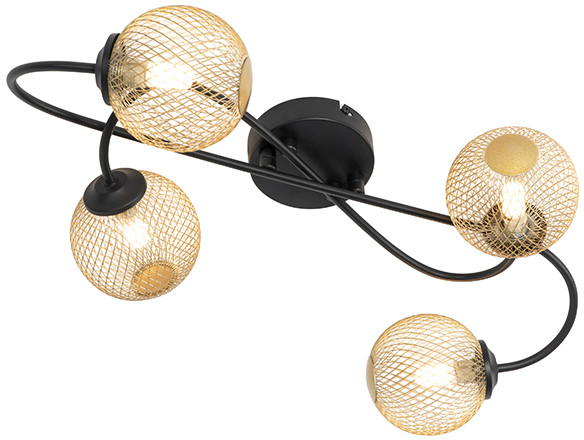 QAZQA Landelijke plafondlamp zwart en goud 4-lichts - Athens Wire 103144