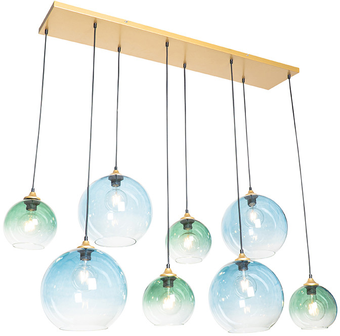 QAZQA Hanglamp messing met blauw en groen glas 8-lichts - Pallon 104932