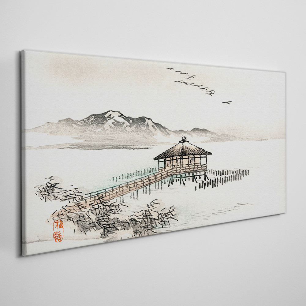 PL Coloray Obraz Canvas Jezioro Chata Góry Ptaki 100x50cm