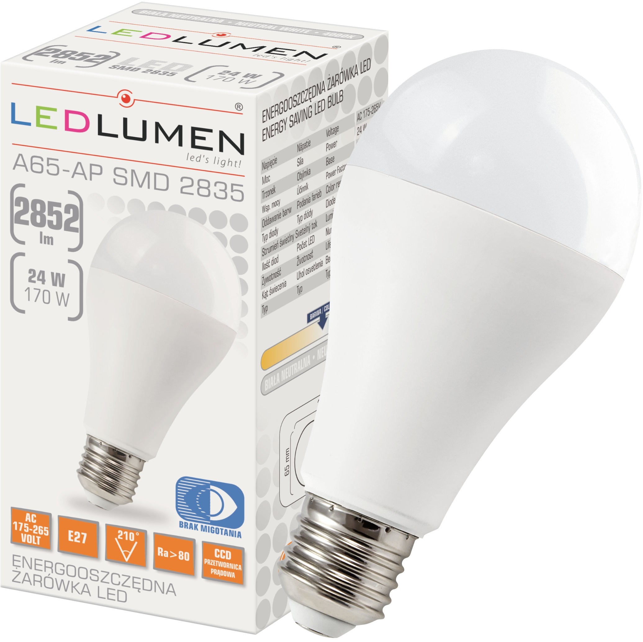 LEDlumen Żarówka LED A65-AP E27 24W 2852lm 56x2835 LED CCD biała neutralna 251090408