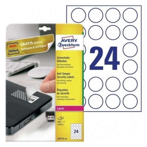 Avery ZWECKFORM Etykiety poliestrowe zabezpieczające - plomby 40mm okrągłe ZWECKFORM trwałe białe 20 ark 480 etykiet /L6112-20/ ZW672
