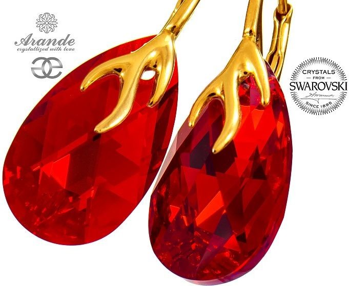 Swarovski NOWE czerwone ozdobne kolczyki SIAM GOLD ZŁOTE SREBRO