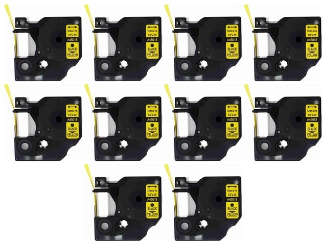 Aimotech Taśma 10-pak zamiennik do Dymo 12mm/7m żółta czarny nadruk D1 10x45018 10xS0720580 10xA45018