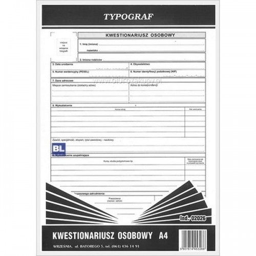 Typograf Druk offsetowy kwestionariusz osobowy dla pracownika A4 40 kartek 02026/ TP107