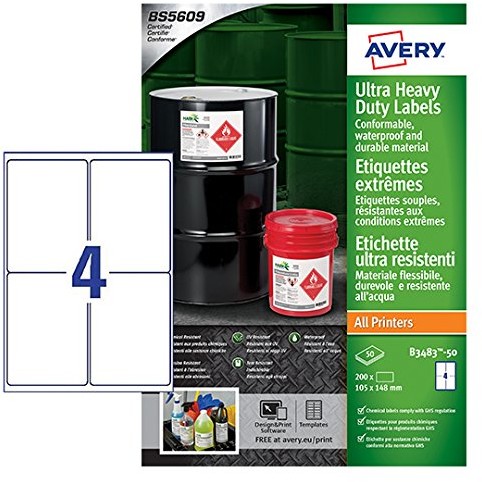 Avery B3483 50 A4 Ultra wytrzymały wodoszczelność GHS, BS5609 certyfikowane, etykiety do wszystkich drukarek, 105 X 148 MM, biały B3483-50